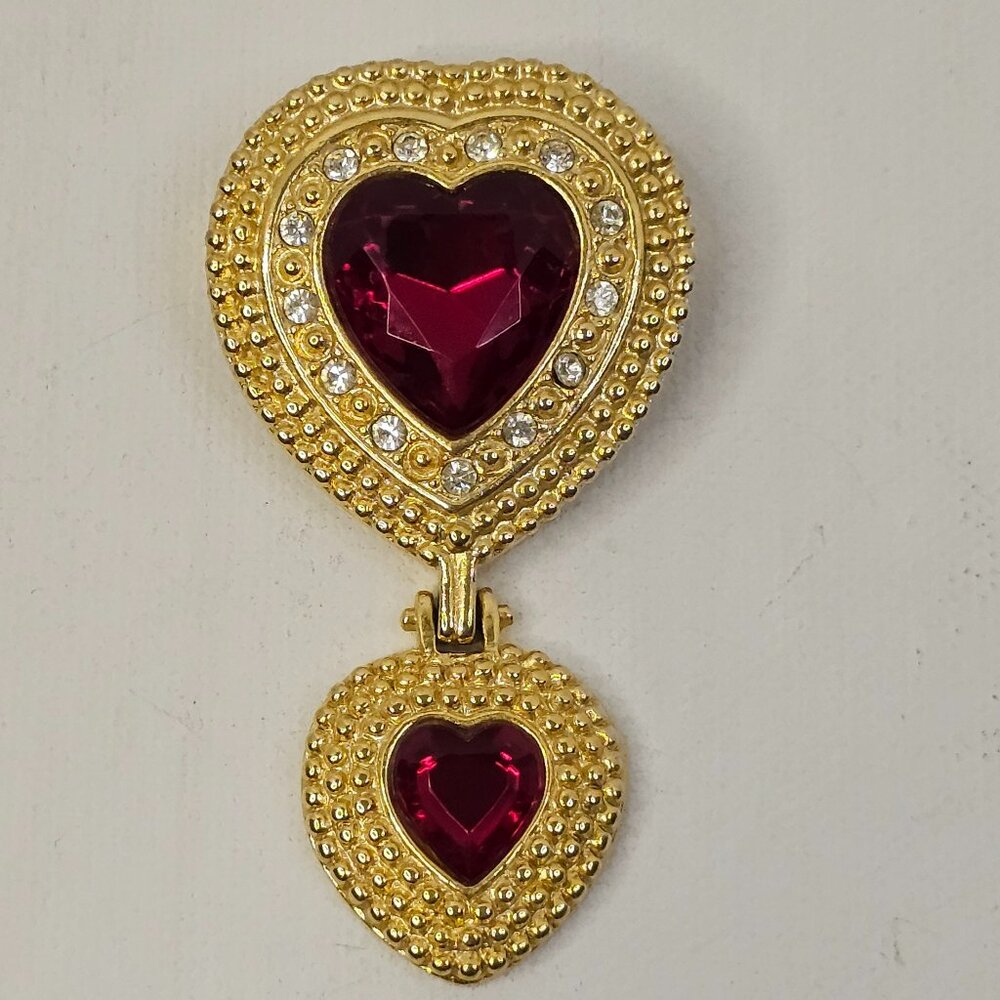 Silver Tone Heart Shape Pink Clear Rhinestone Brooch Pin